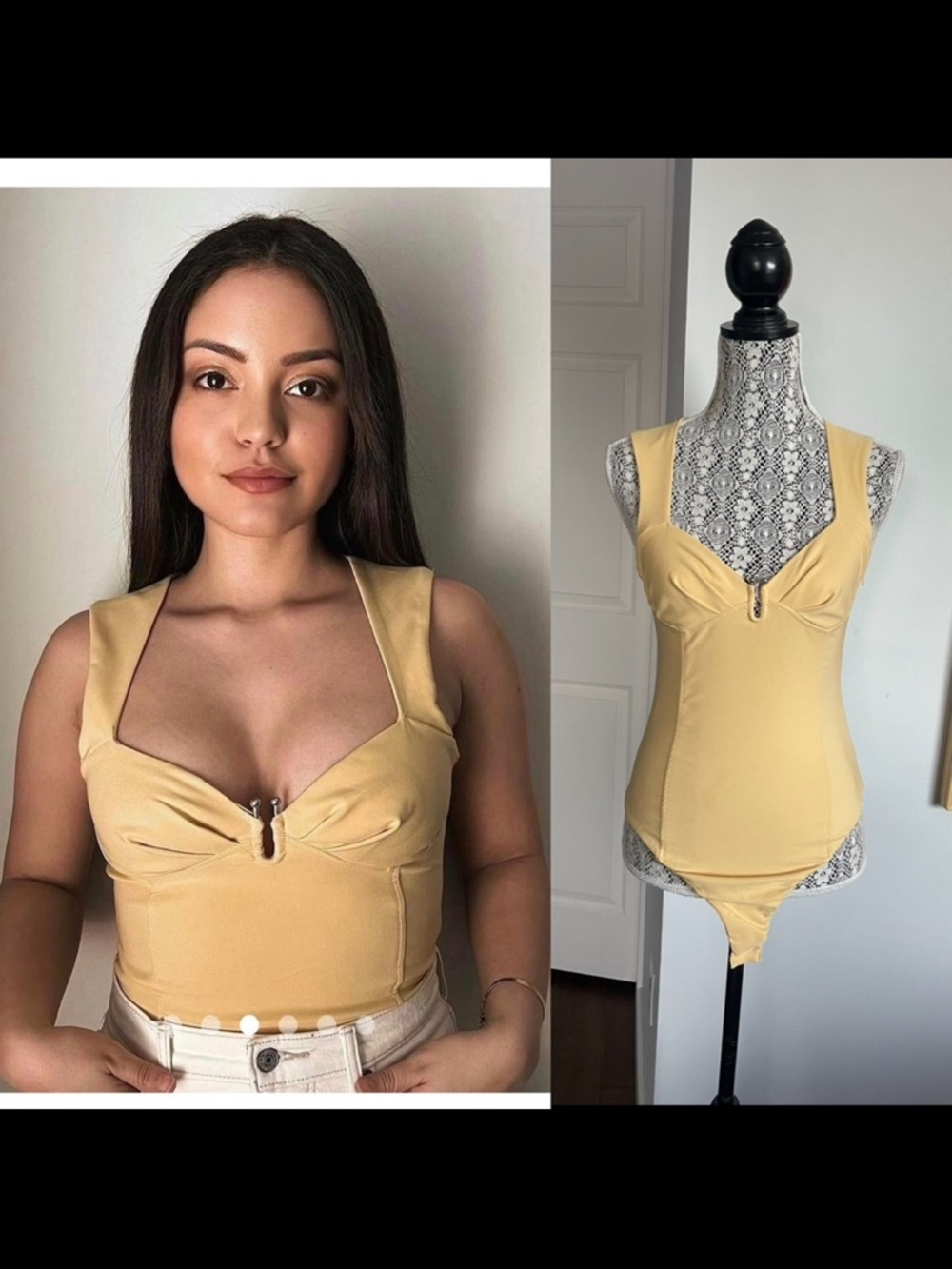 NWT Medium Zara Butter Yellow Bodysuit Silver U Ring Crotch Button.